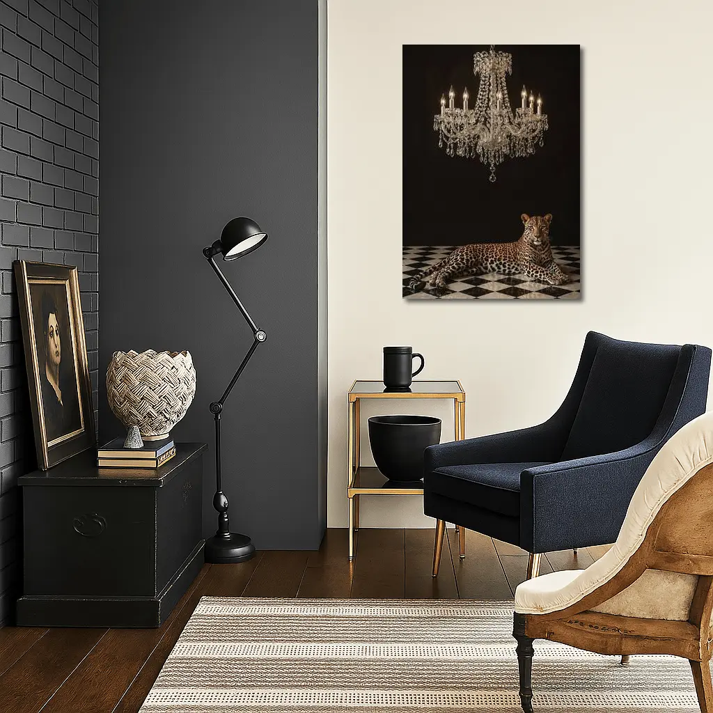 Leopard Resting Under Crystal Chandelier Dark – Wall Art