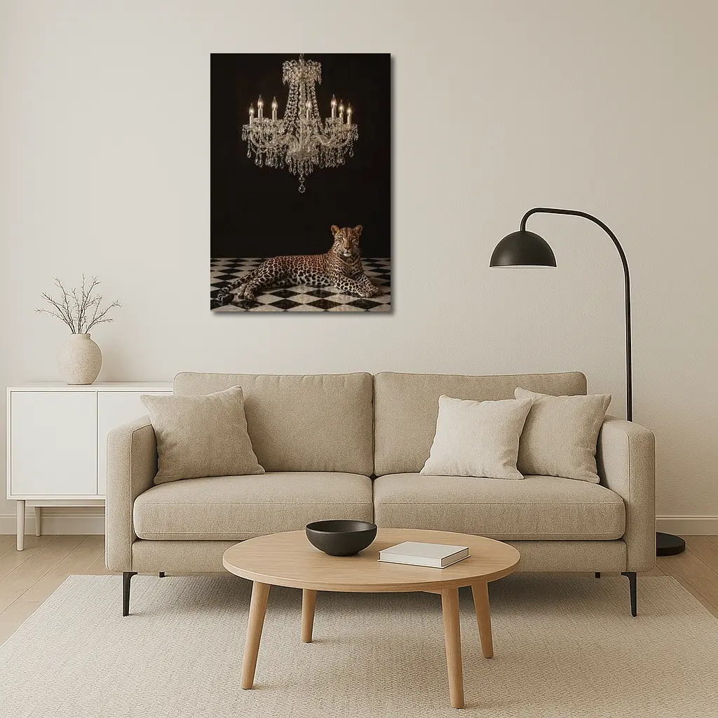 Leopard Resting Under Crystal Chandelier Dark – Wall Art