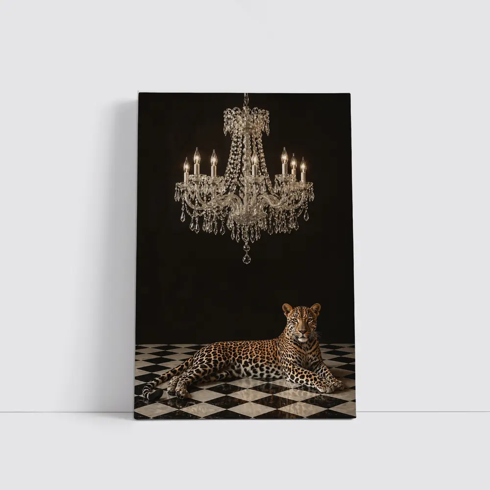 Leopard Resting Under Crystal Chandelier Dark – Wall Art