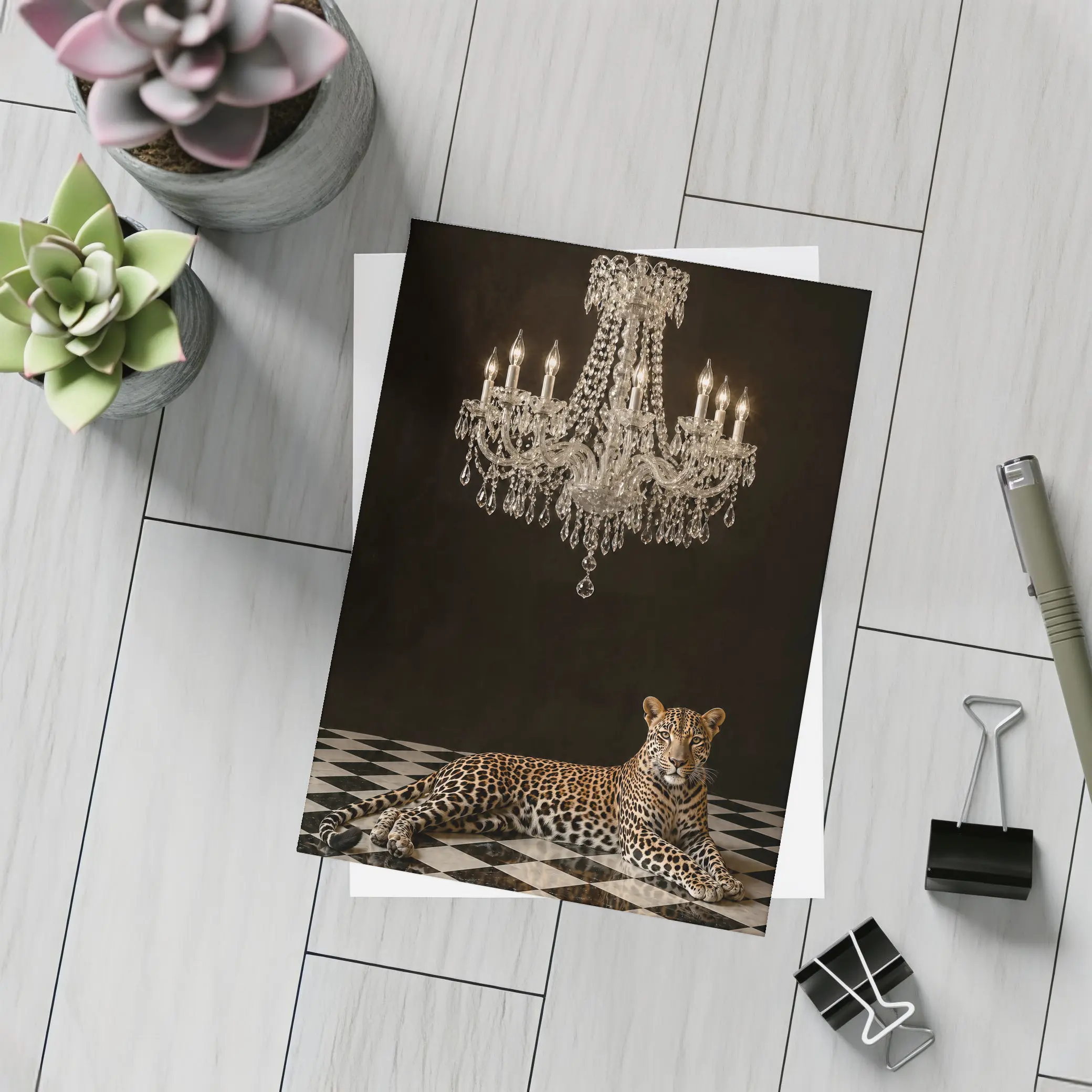 Leopard Resting Under Crystal Chandelier Dark – Postcards