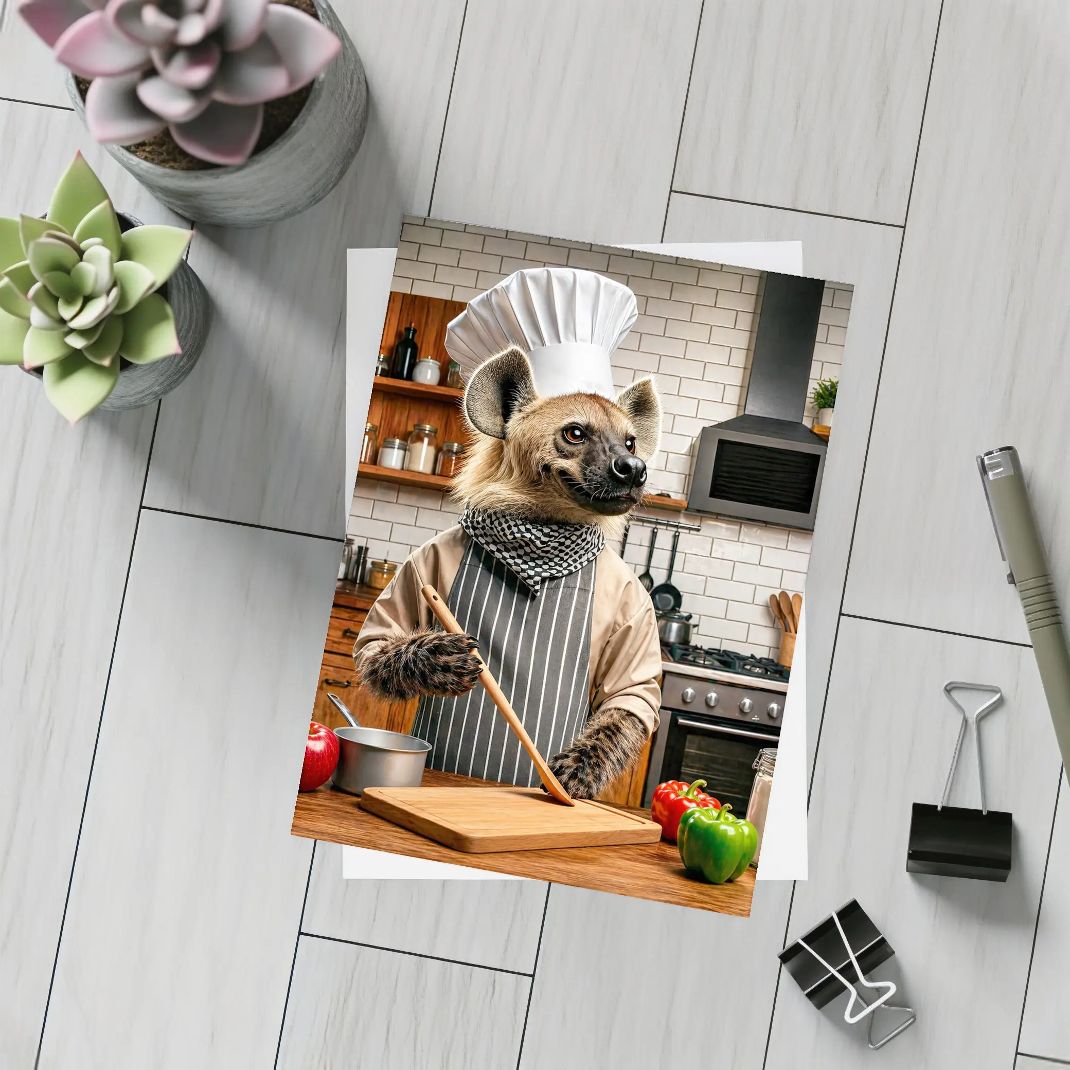 Hyena Chef Cooking in Modern Kitchen – Postcards