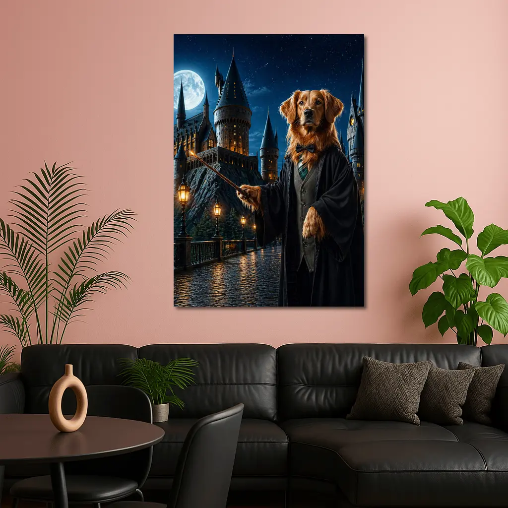 Golden Retriever Wizard at Night Castle – Wall Art
