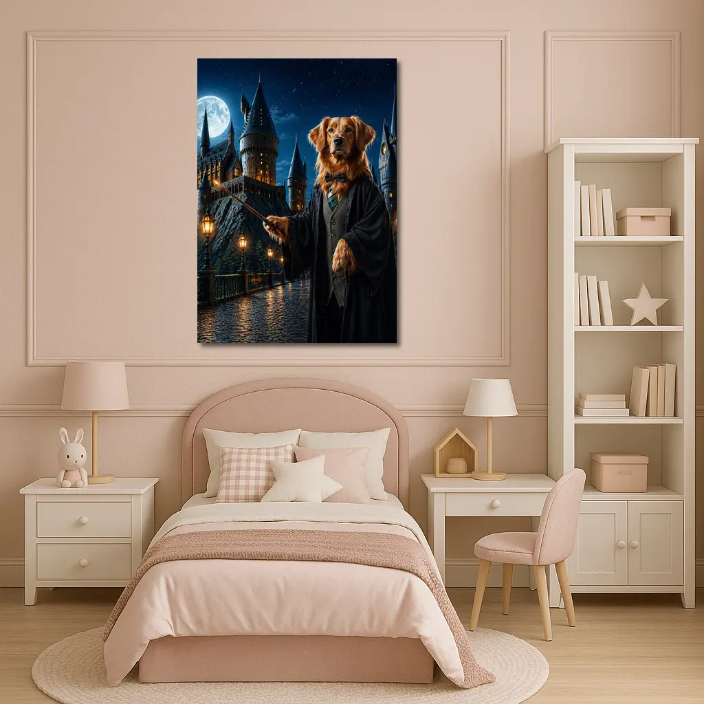 Golden Retriever Wizard at Night Castle – Wall Art