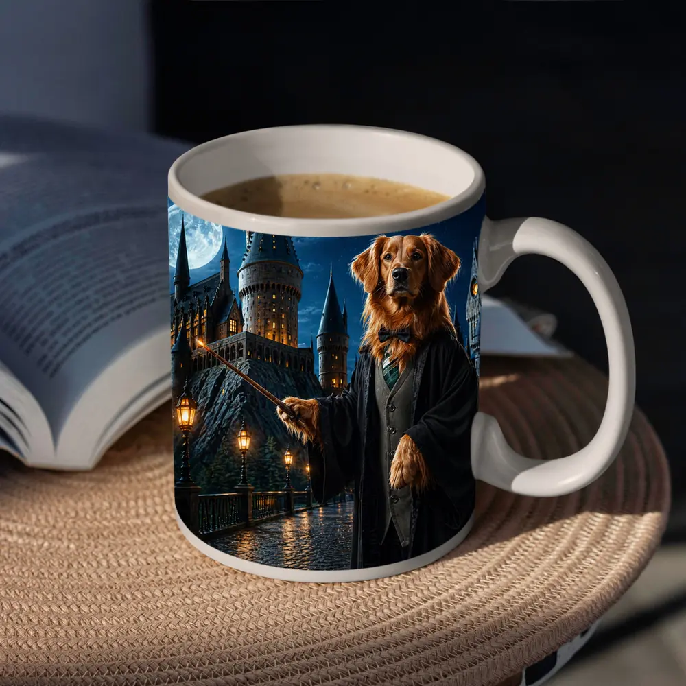 Golden Retriever Wizard at Night Castle – Mugs
