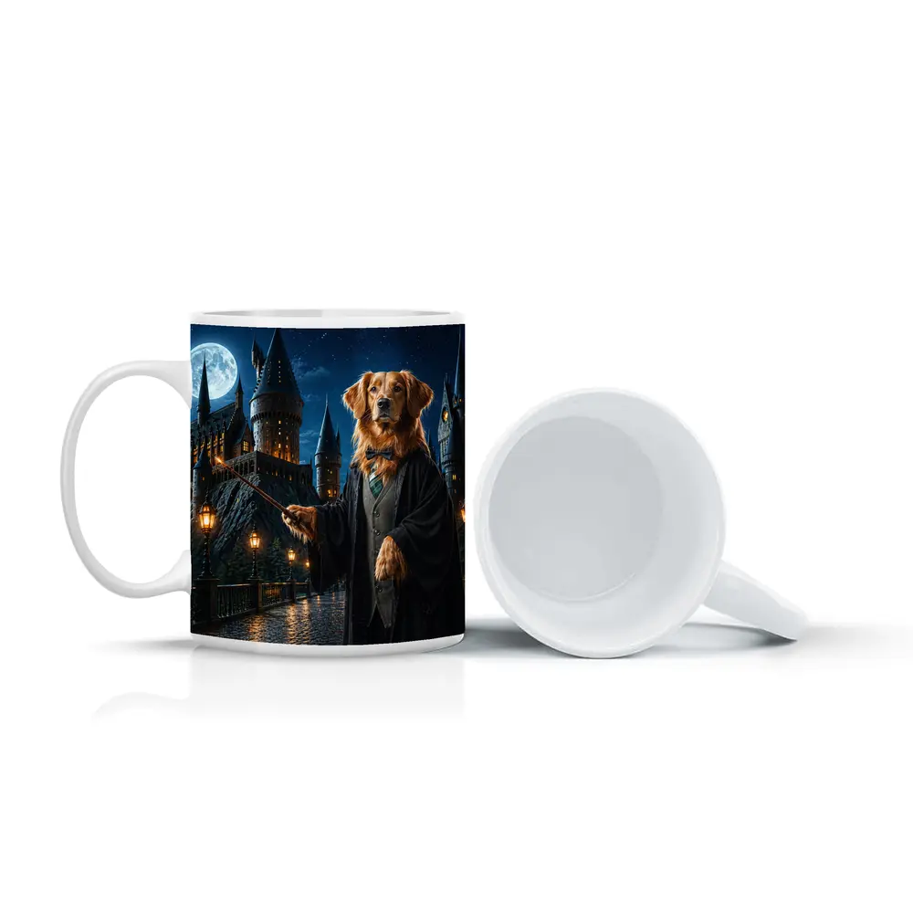Golden Retriever Wizard at Night Castle – Mugs