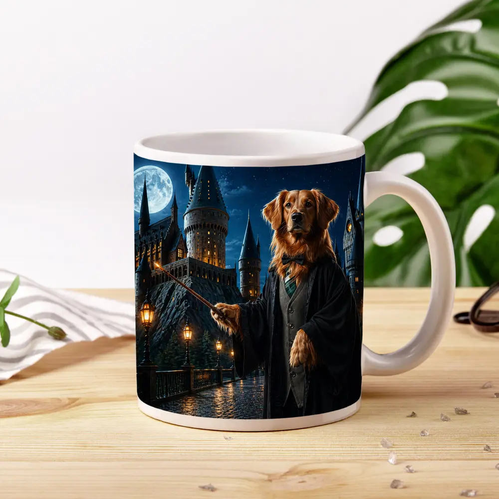 Golden Retriever Wizard at Night Castle – Mugs