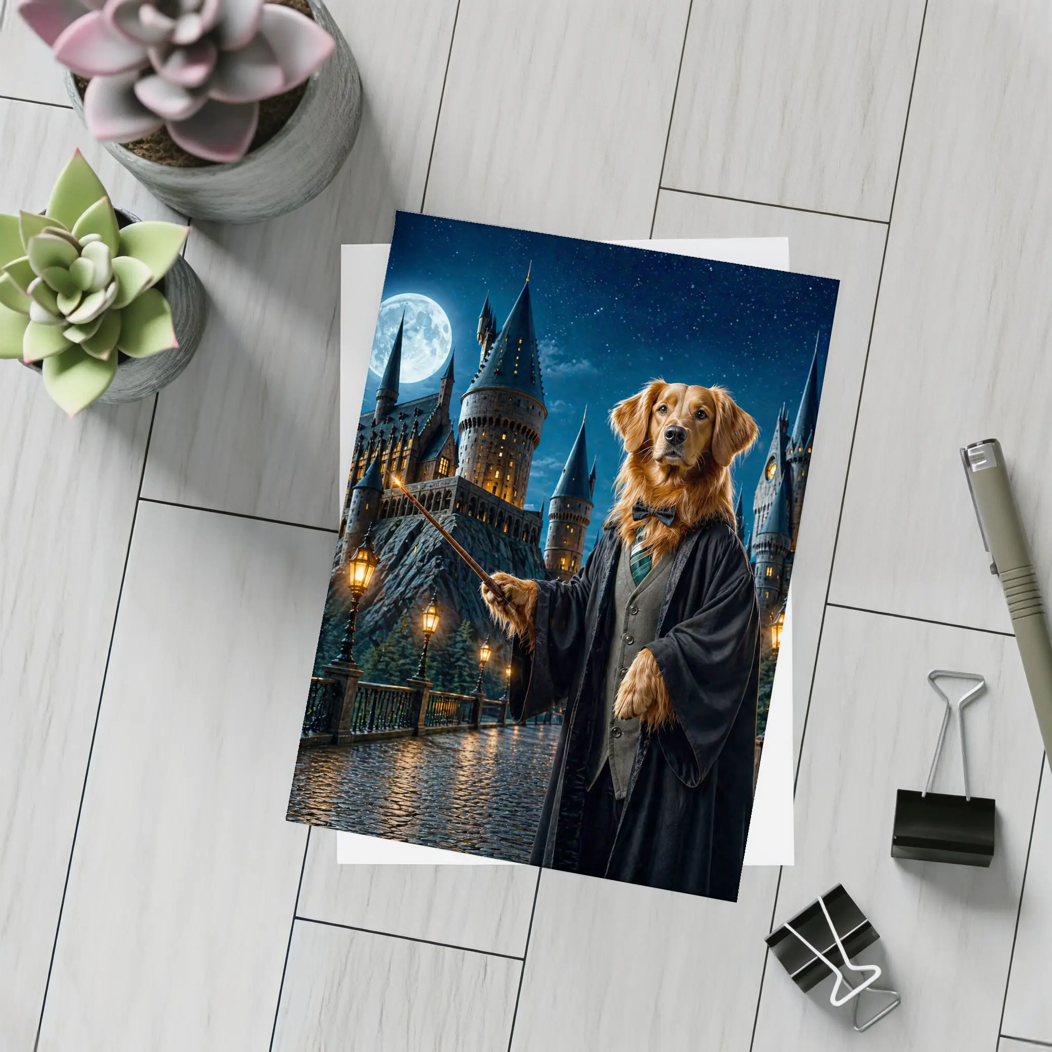 Golden Retriever Wizard at Night Castle – Postcards