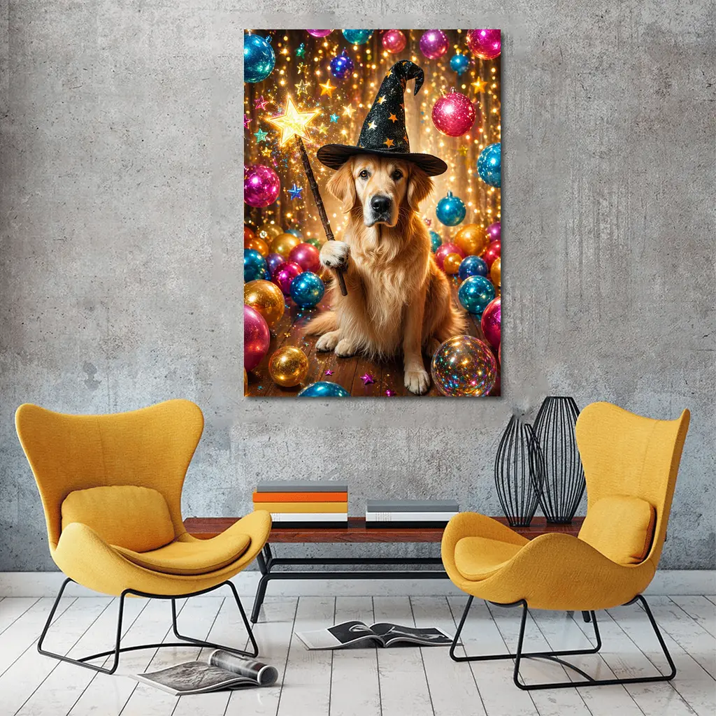 Golden Retriever Wizard Hat Magic Wand Balloons – Wall Art