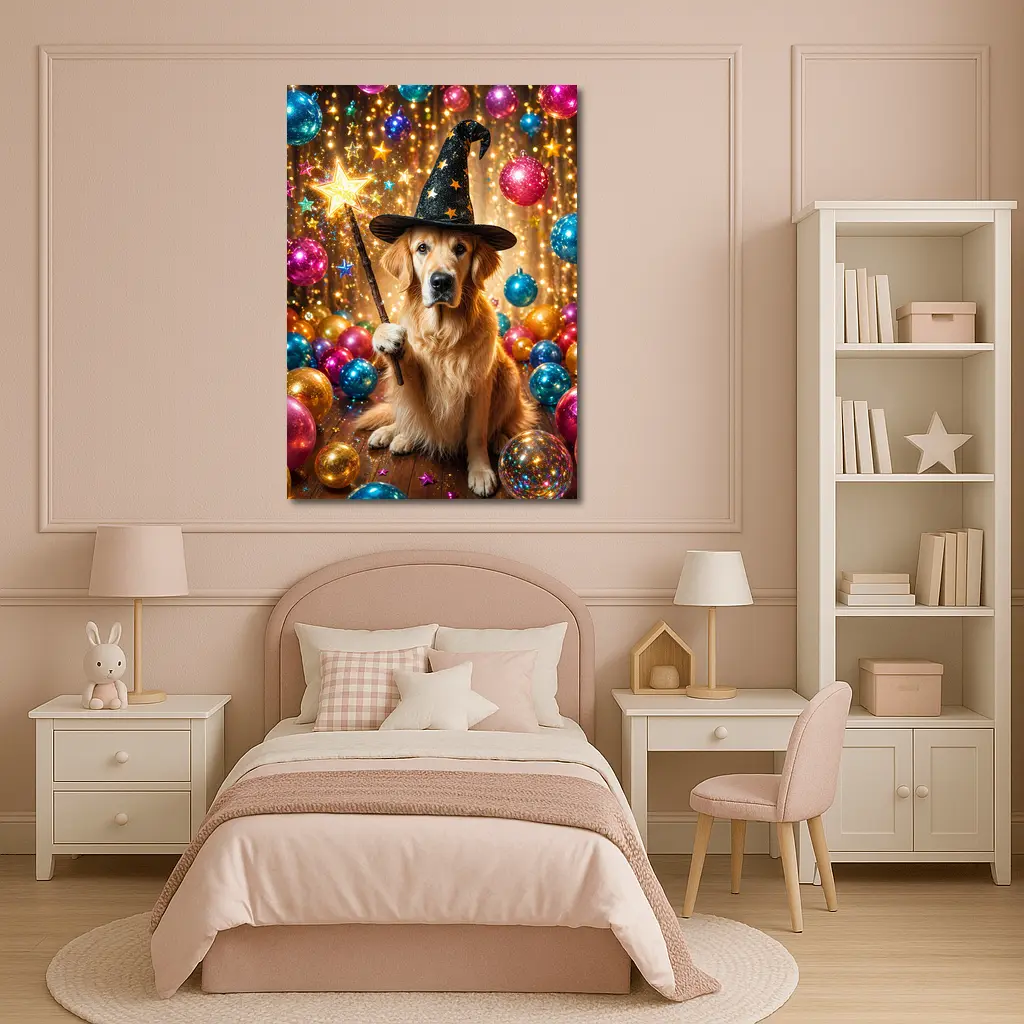 Golden Retriever Wizard Hat Magic Wand Balloons – Wall Art