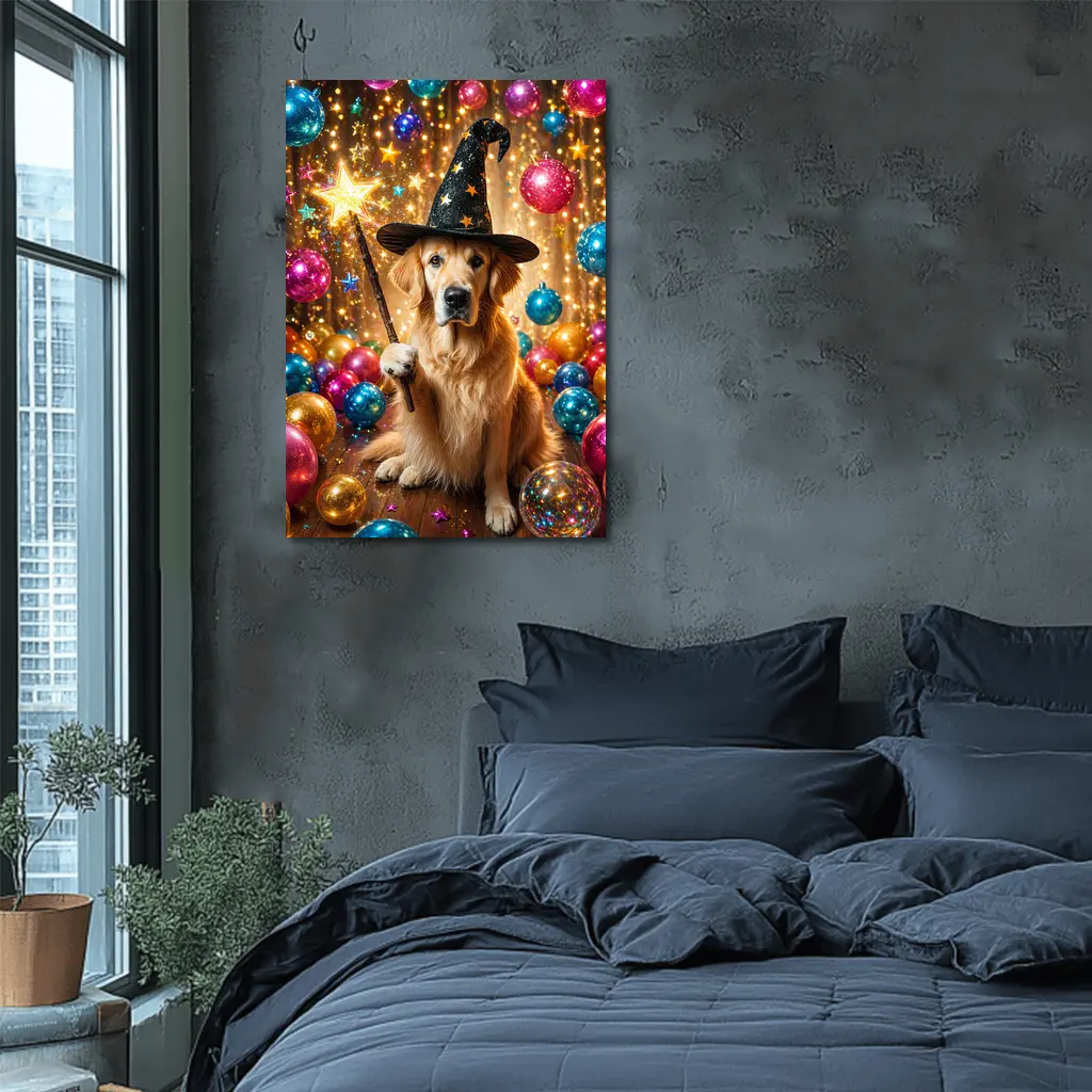 Golden Retriever Wizard Hat Magic Wand Balloons – Wall Art