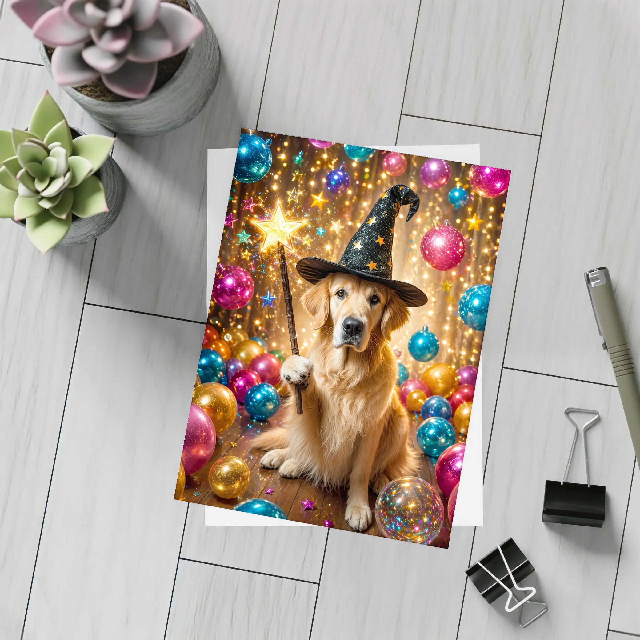 Golden Retriever Wizard Hat Magic Wand Balloons – Postcards