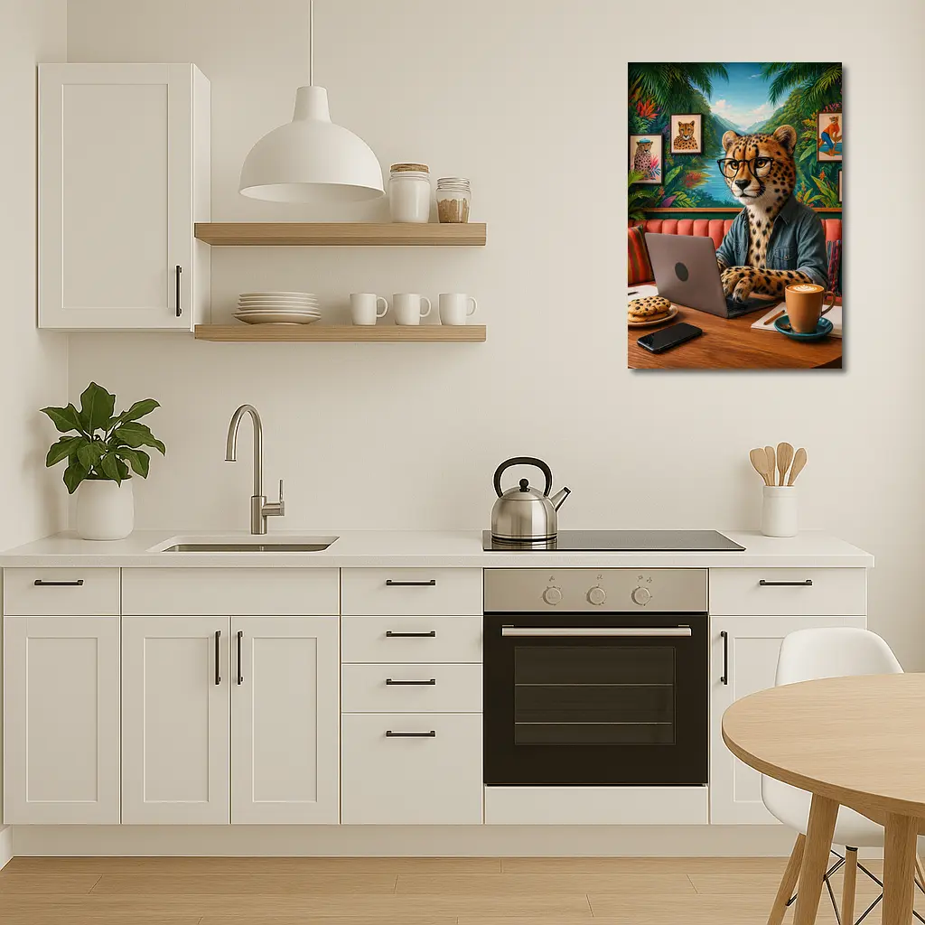 Cheetah With Glasses Working Laptop Cafe – Wall Art