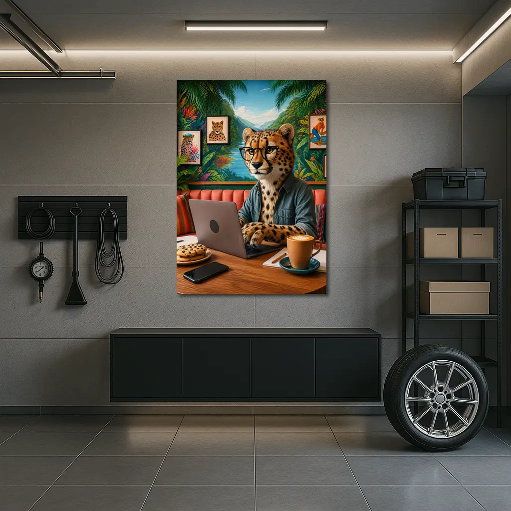 Cheetah With Glasses Working Laptop Cafe – Wall Art