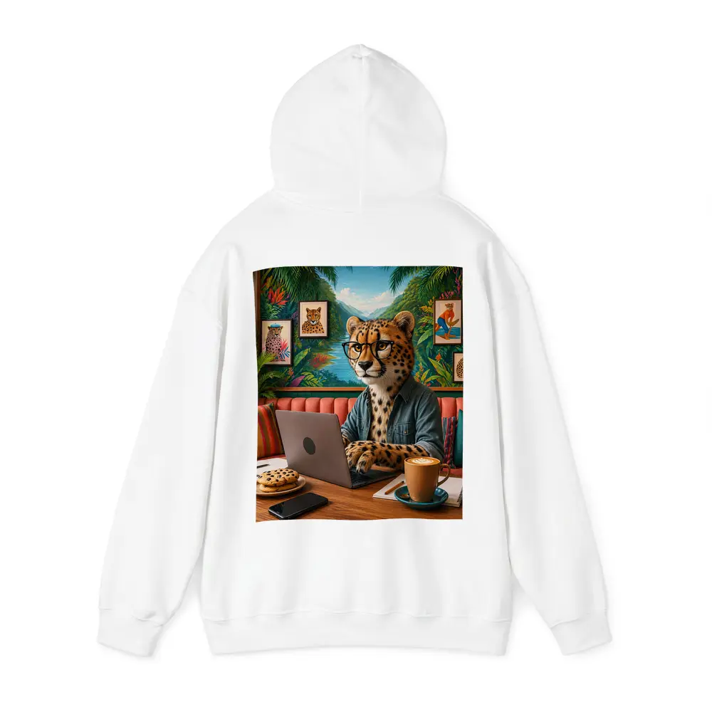Cheetah With Glasses Working Laptop Cafe – Hoodies