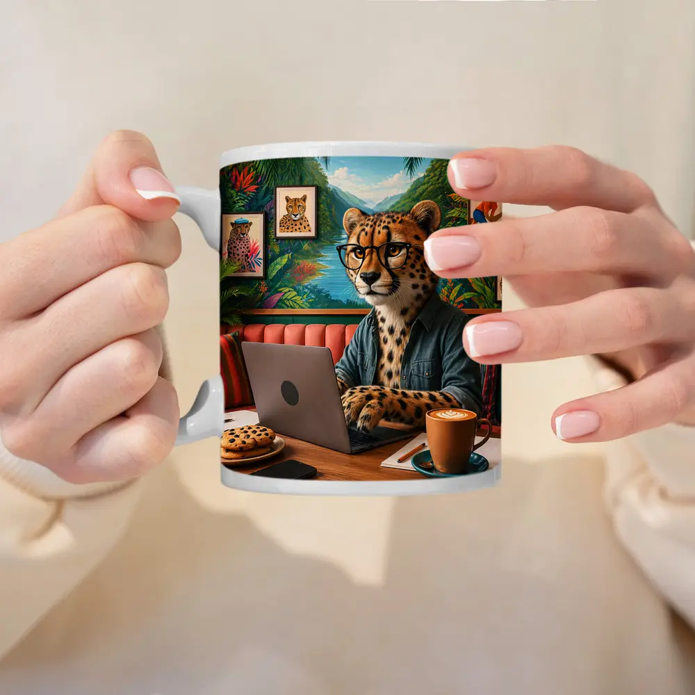 Cheetah With Glasses Working Laptop Cafe – Mugs