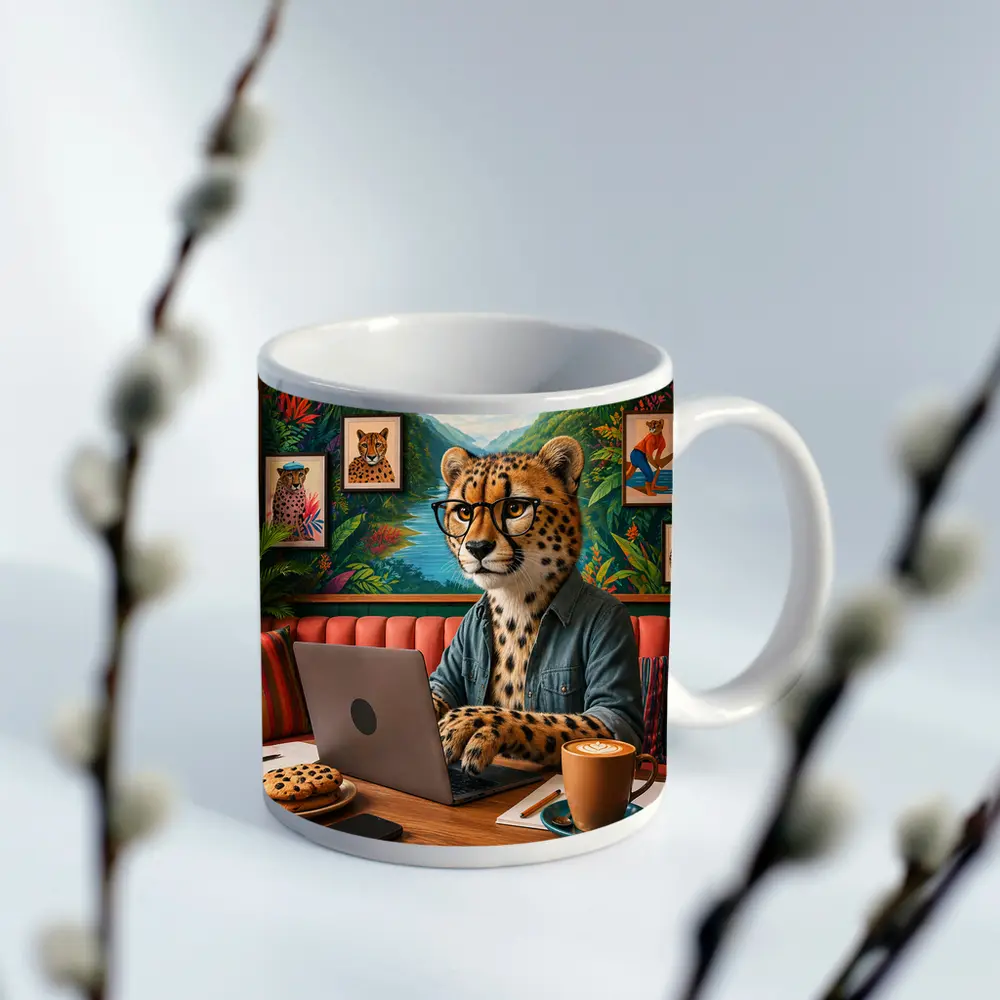Cheetah With Glasses Working Laptop Cafe – Mugs