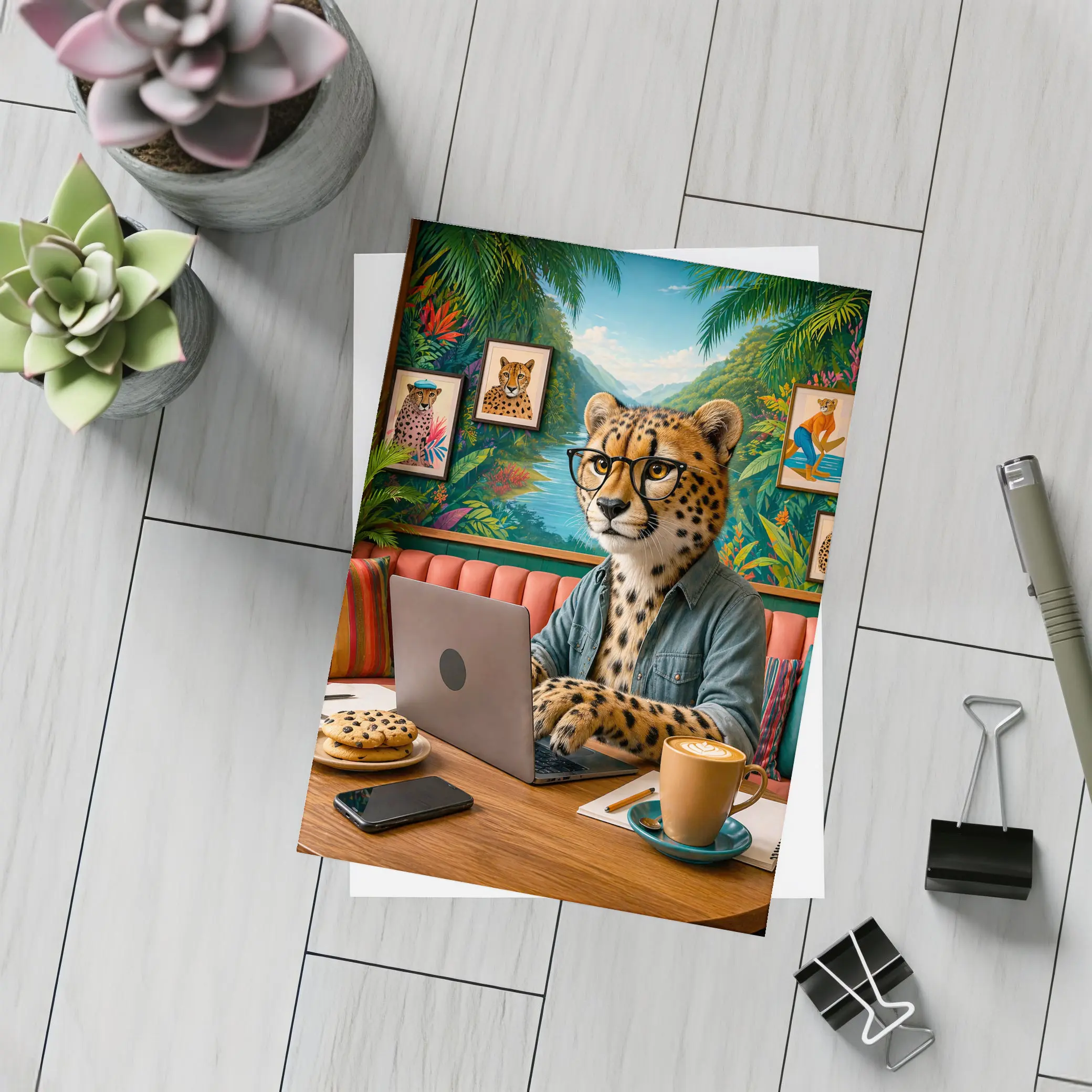 Cheetah With Glasses Working Laptop Cafe – Postcards