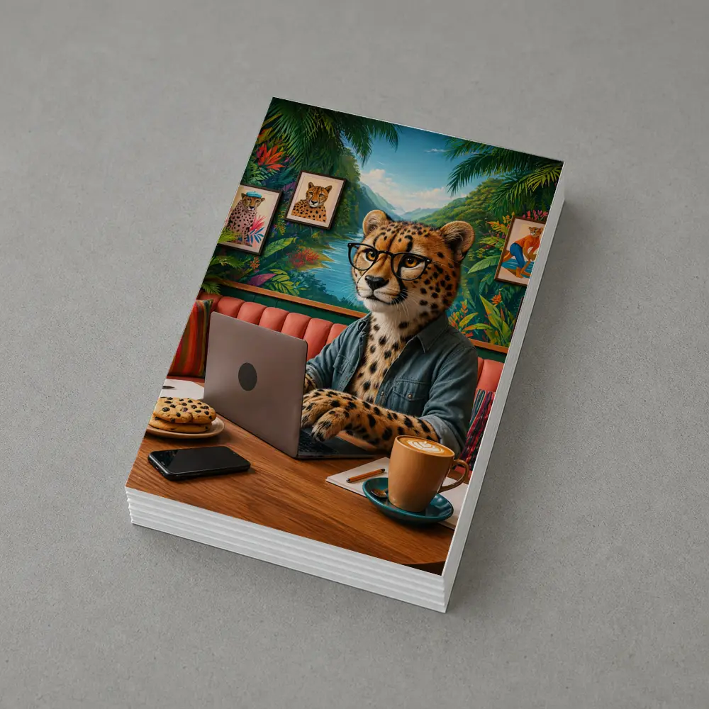 Cheetah With Glasses Working Laptop Cafe – Postcards