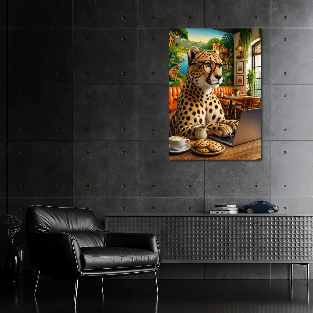 Cheetah in Glasses Working Cafe Laptop – Wall Art