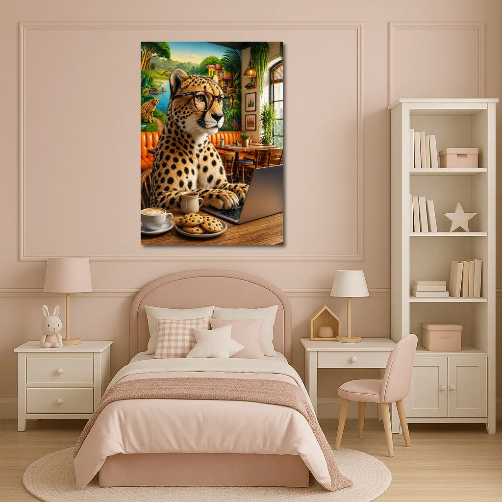 Cheetah in Glasses Working Cafe Laptop – Wall Art