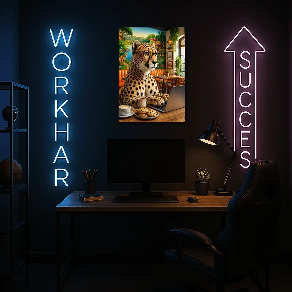 Cheetah in Glasses Working Cafe Laptop – Wall Art