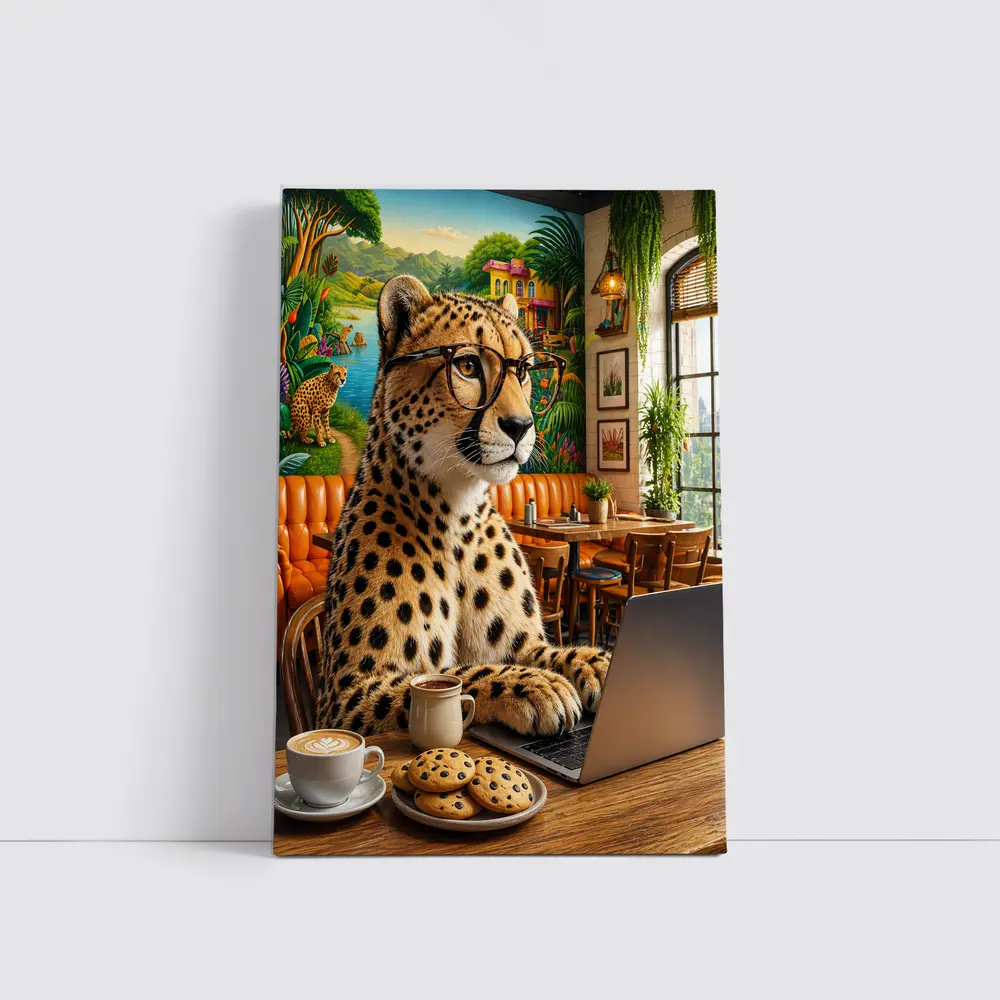 Cheetah in Glasses Working Cafe Laptop – Wall Art