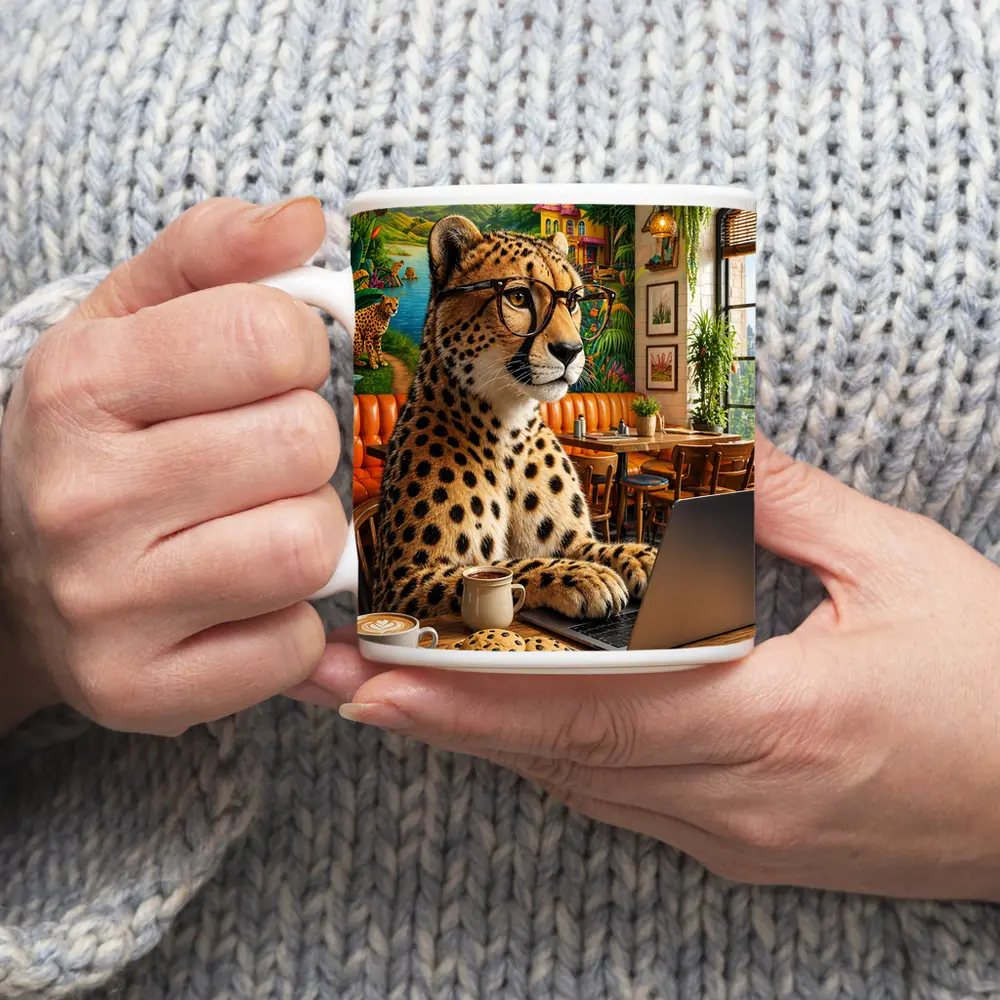 Cheetah in Glasses Working Cafe Laptop – Mugs