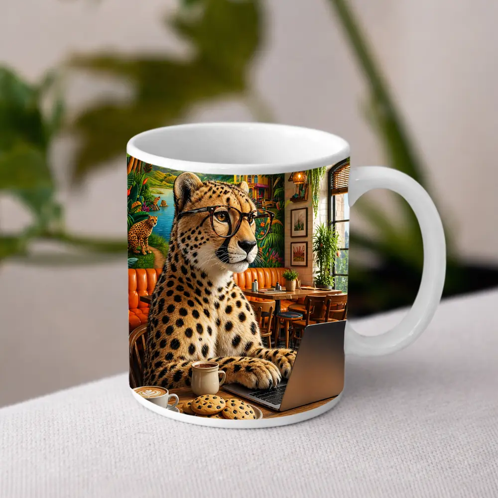 Cheetah in Glasses Working Cafe Laptop – Mugs