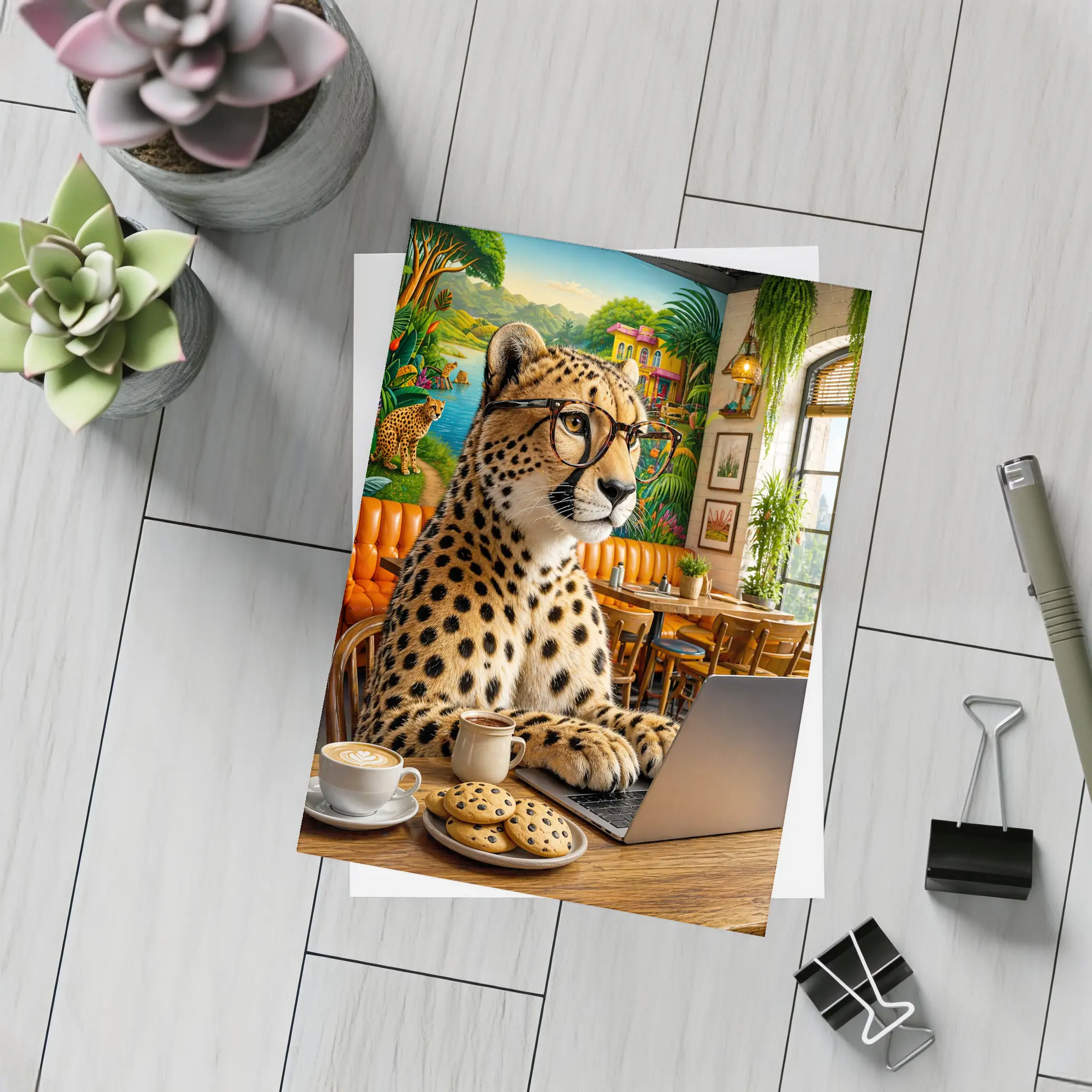 Cheetah in Glasses Working Cafe Laptop – Postcards