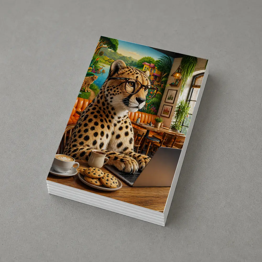 Cheetah in Glasses Working Cafe Laptop – Postcards