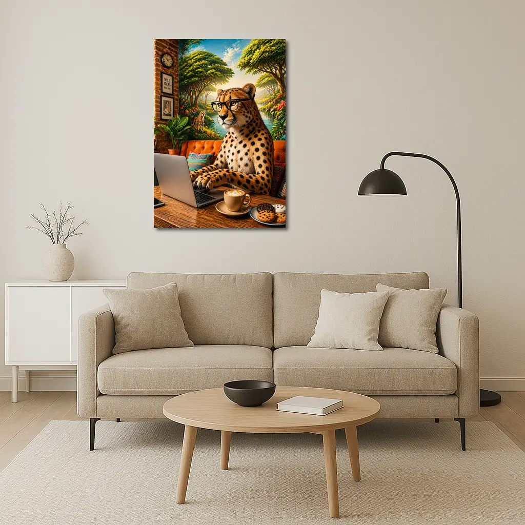Cheetah in Glasses Working Laptop Cafe – Wall Art