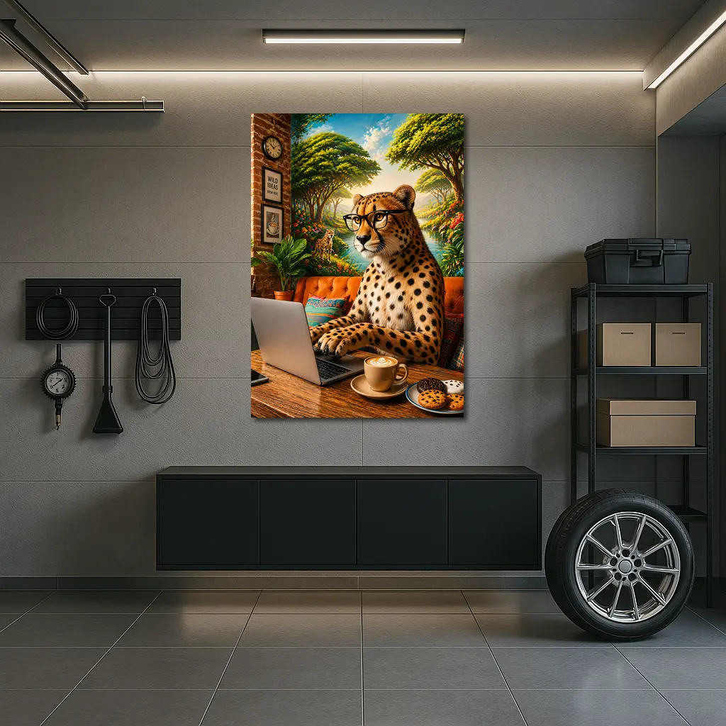 Cheetah in Glasses Working Laptop Cafe – Wall Art