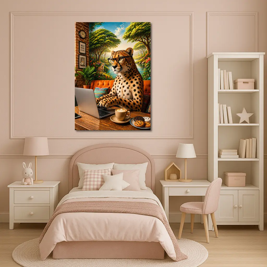 Cheetah in Glasses Working Laptop Cafe – Wall Art