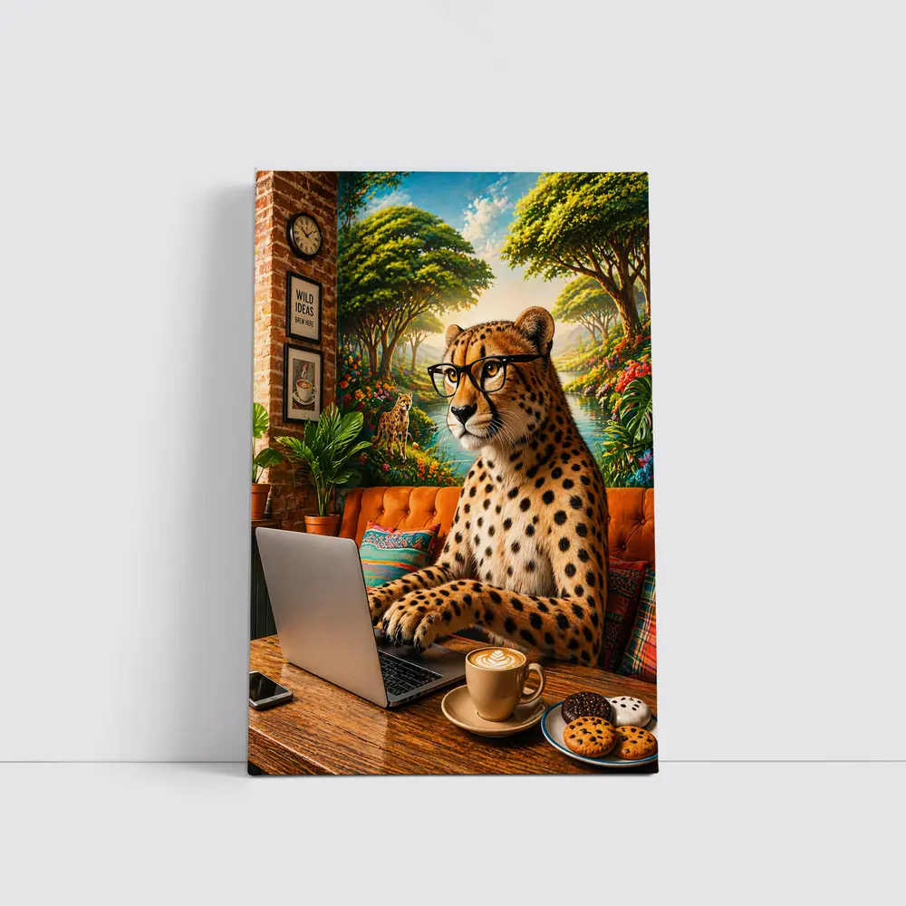 Cheetah in Glasses Working Laptop Cafe – Wall Art