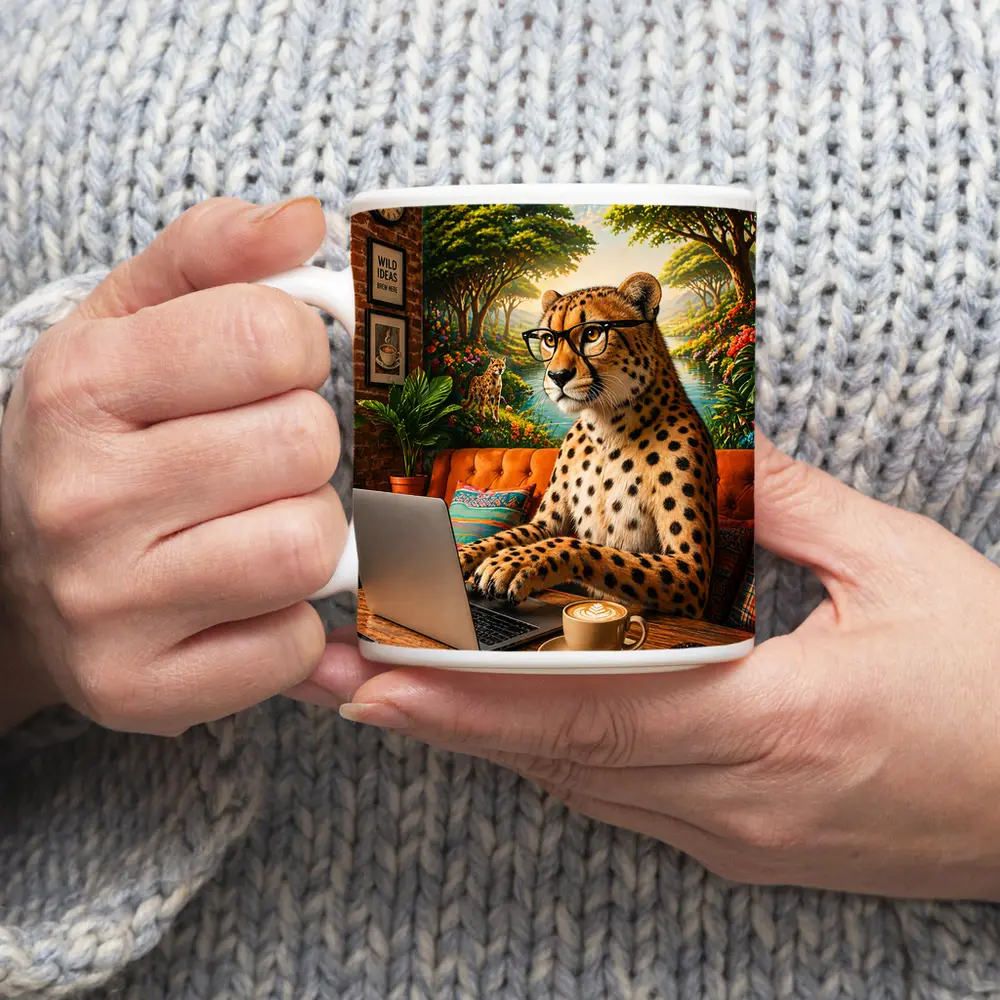Cheetah in Glasses Working Laptop Cafe – Mugs