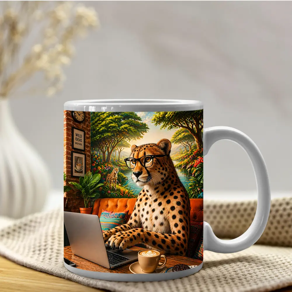 Cheetah in Glasses Working Laptop Cafe – Mugs