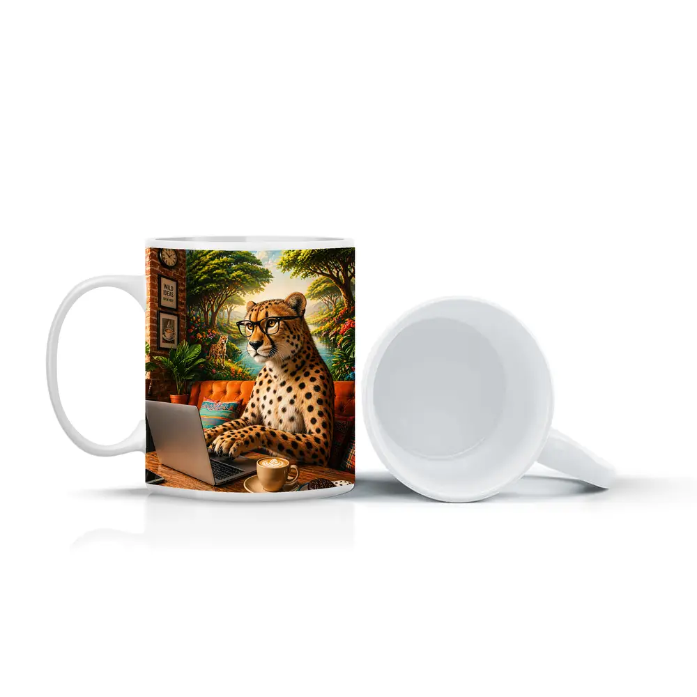 Cheetah in Glasses Working Laptop Cafe – Mugs