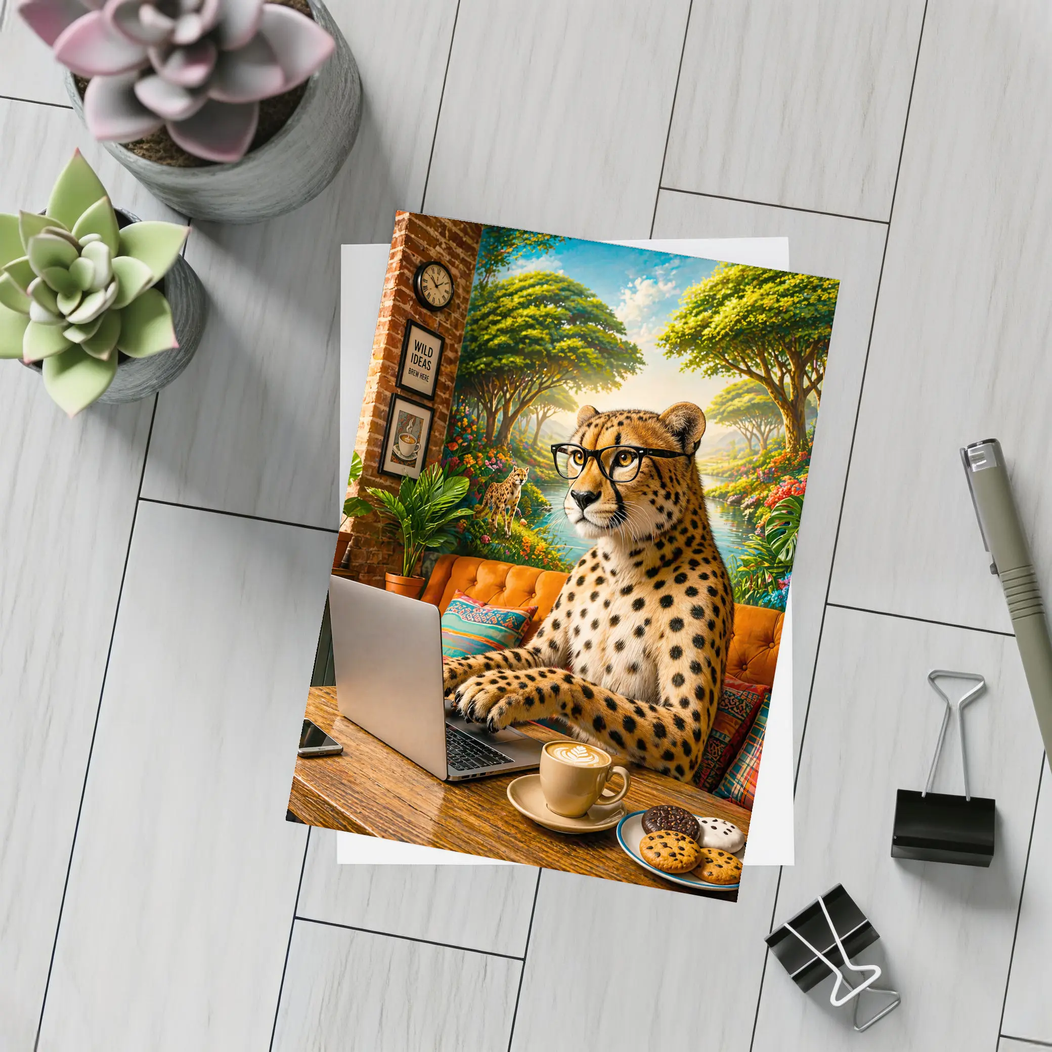 Cheetah in Glasses Working Laptop Cafe – Postcards