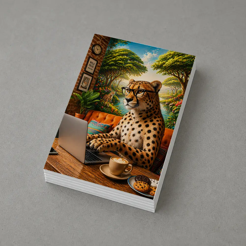 Cheetah in Glasses Working Laptop Cafe – Postcards
