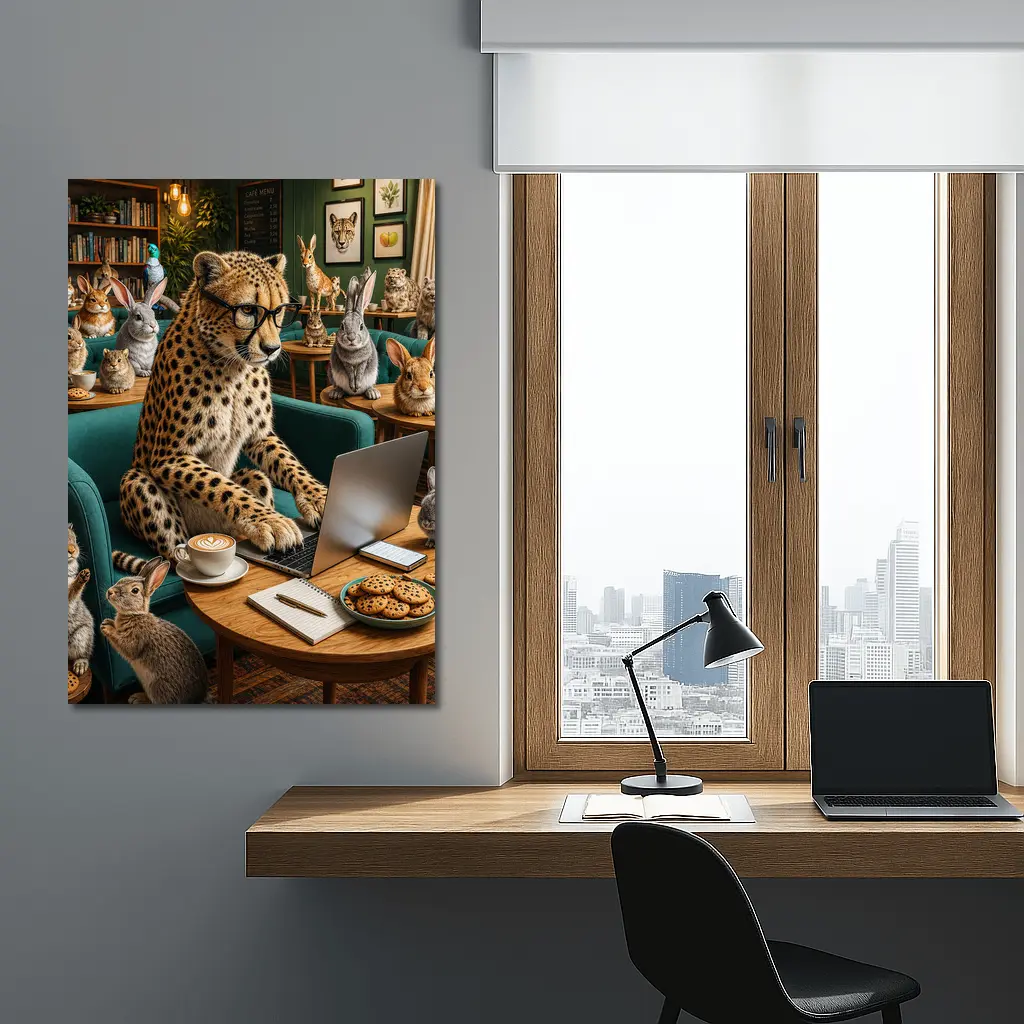 Cheetah in Glasses Working Cafe Rabbits – Wall Art