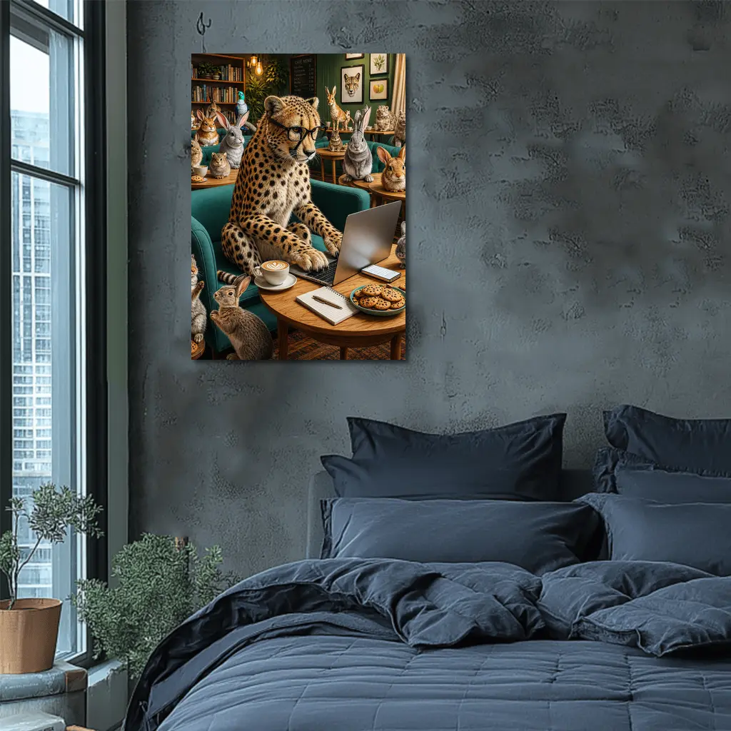 Cheetah in Glasses Working Cafe Rabbits – Wall Art