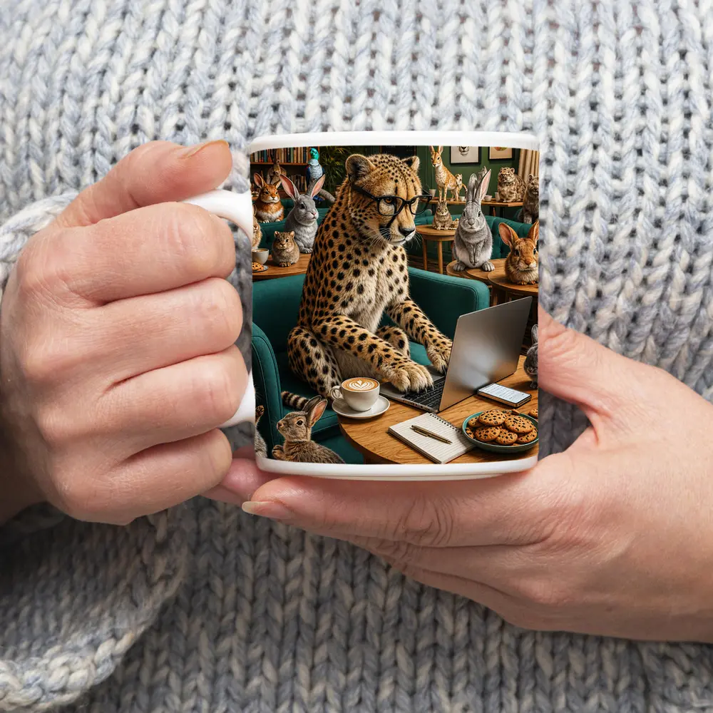 Cheetah in Glasses Working Cafe Rabbits – Mugs