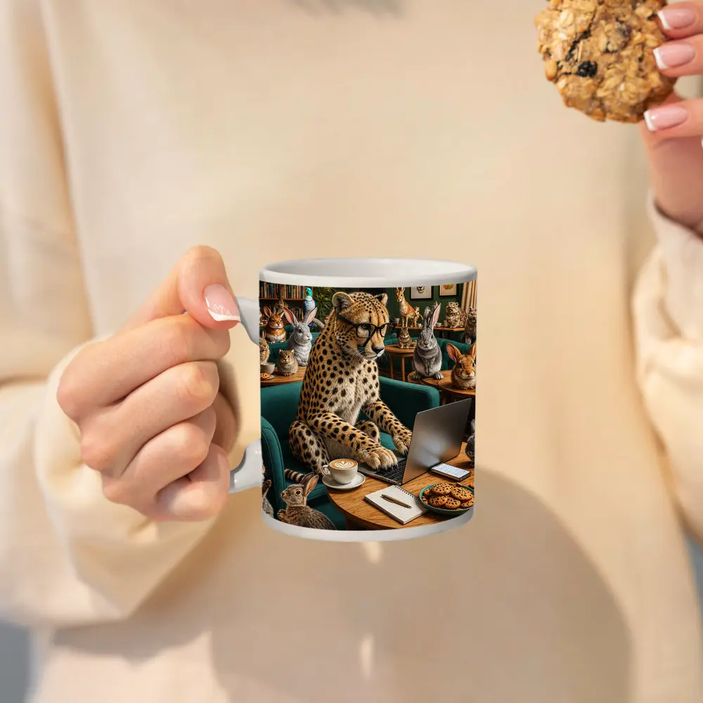 Cheetah in Glasses Working Cafe Rabbits – Mugs