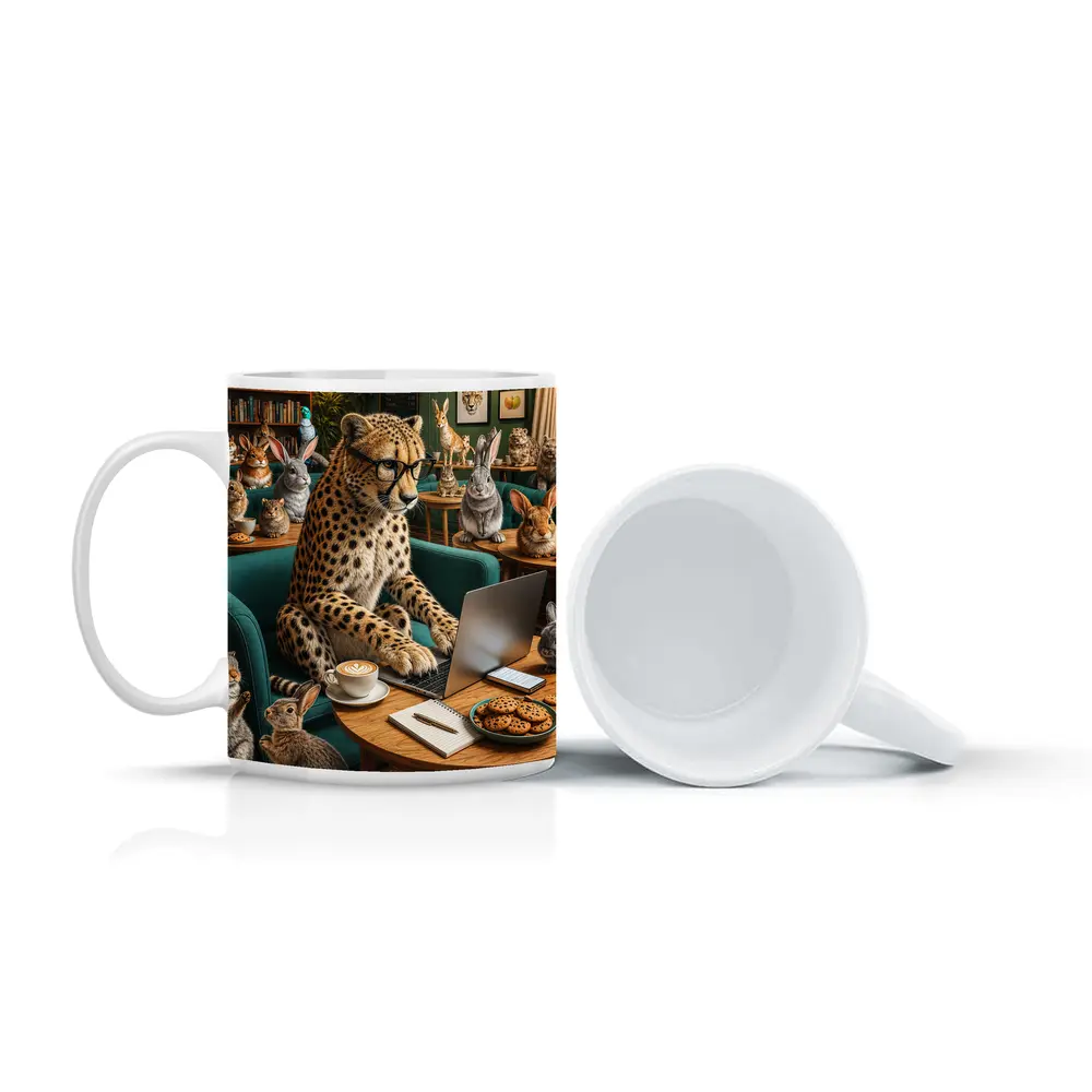 Cheetah in Glasses Working Cafe Rabbits – Mugs