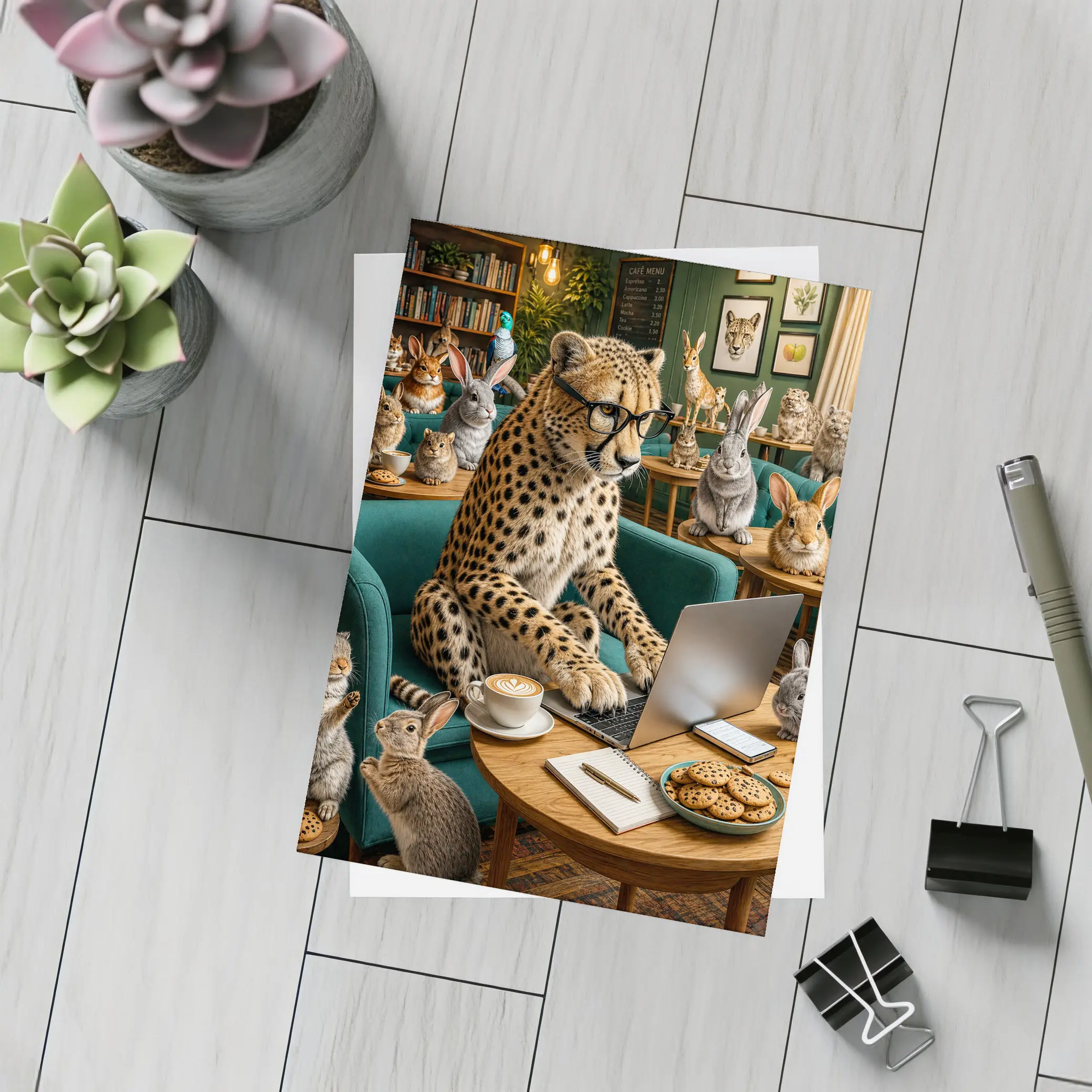 Cheetah in Glasses Working Cafe Rabbits – Postcards
