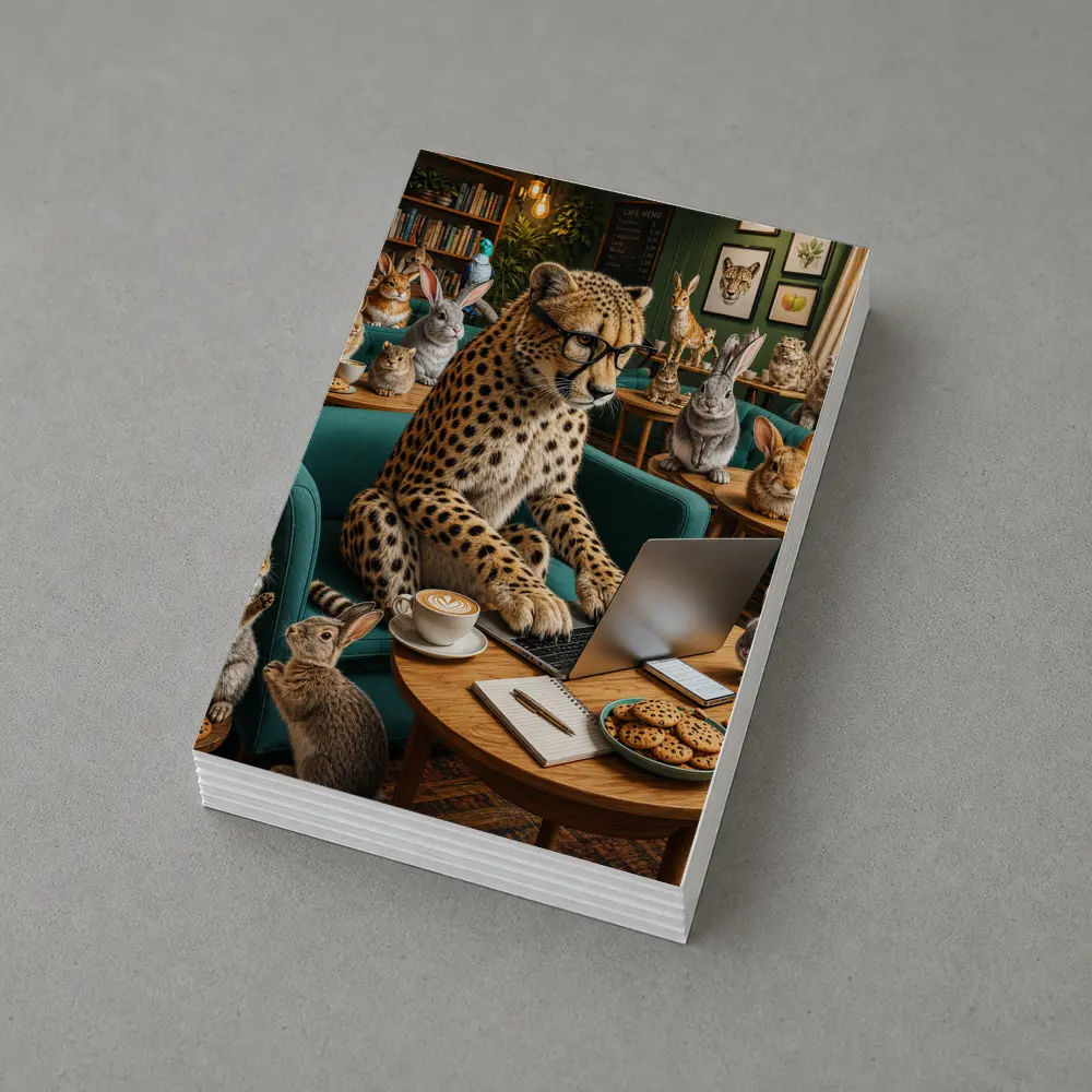 Cheetah in Glasses Working Cafe Rabbits – Postcards