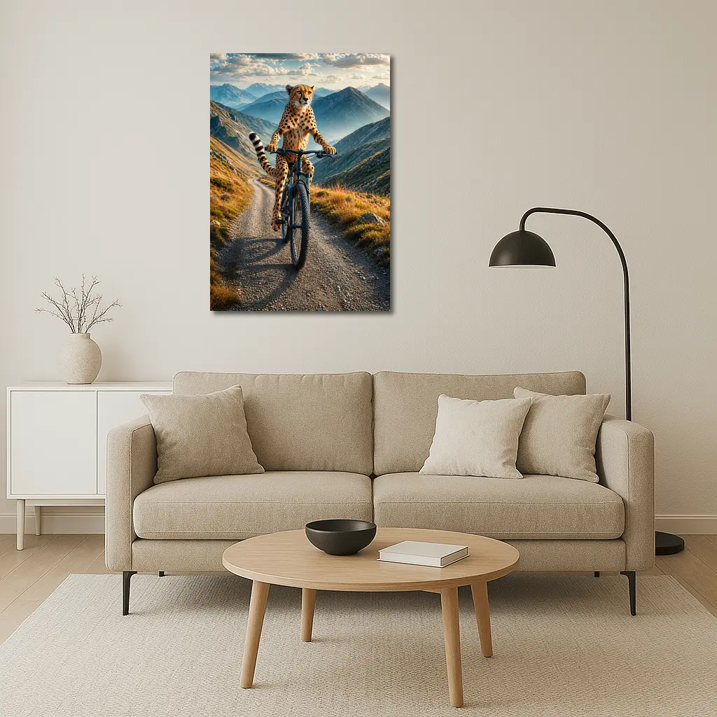 Cheetah Riding Bicycle on Mountain Road – Wall Art