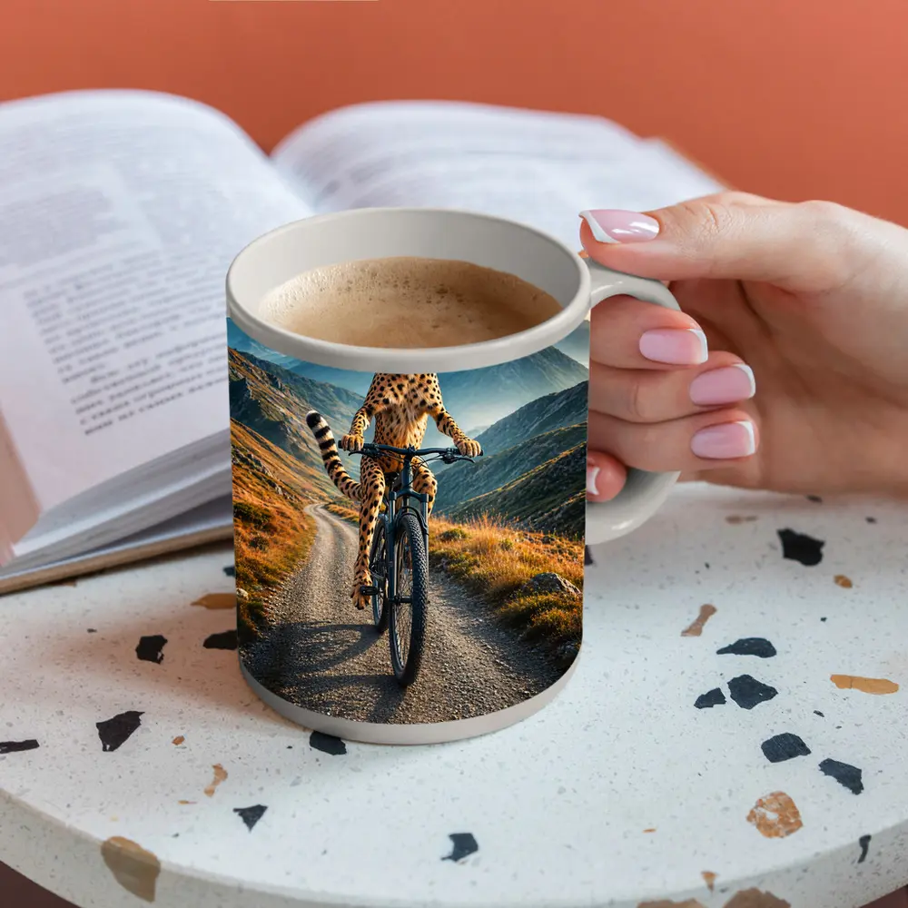 Cheetah Riding Bicycle on Mountain Road – Mugs