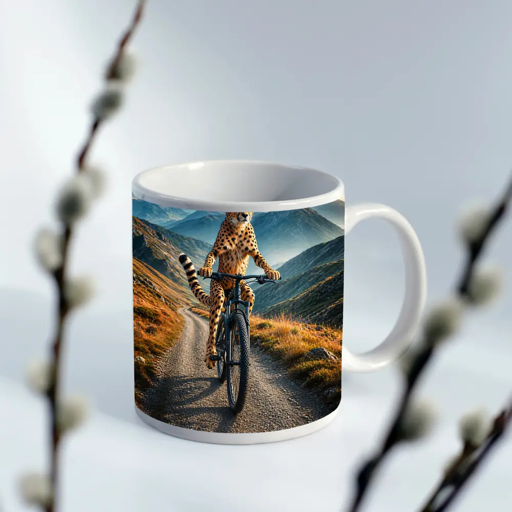 Cheetah Riding Bicycle on Mountain Road – Mugs