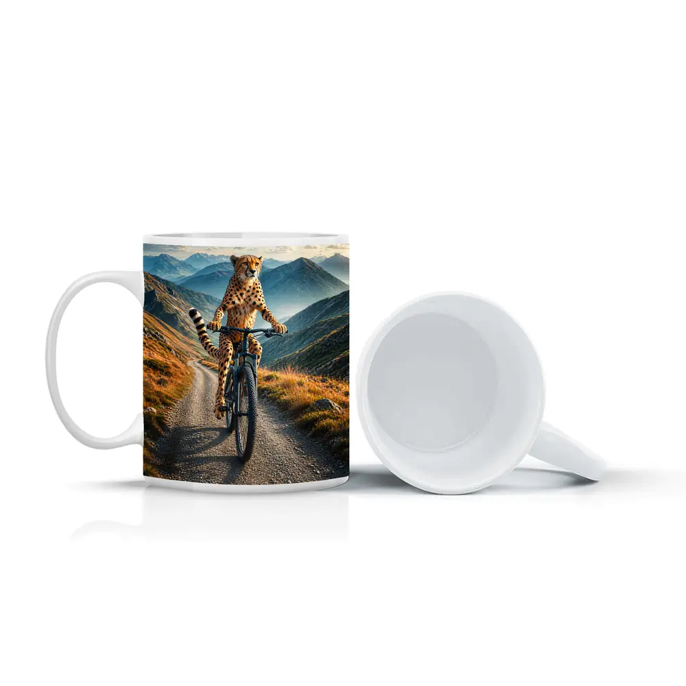 Cheetah Riding Bicycle on Mountain Road – Mugs